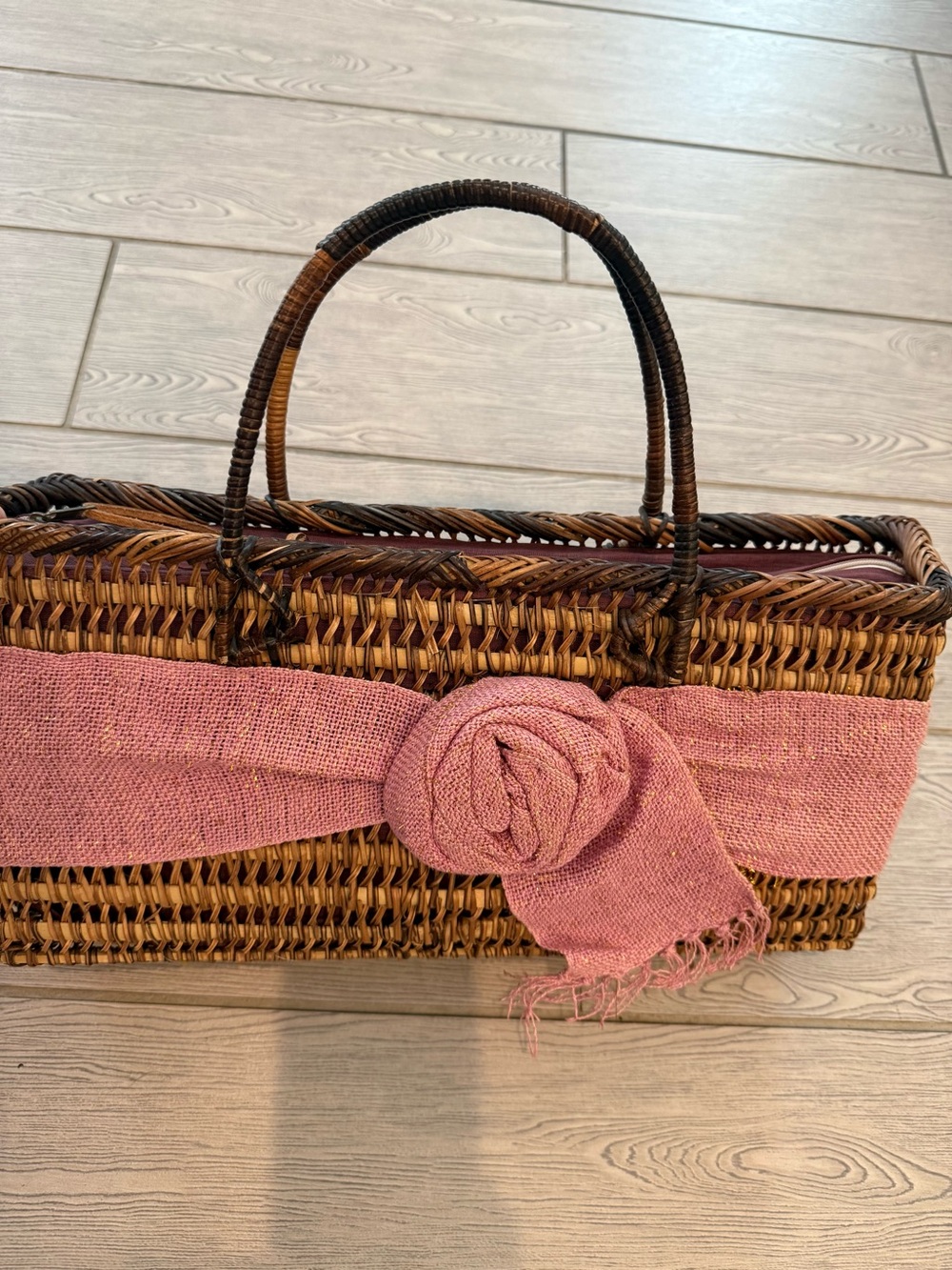 Vintage Handwoven Natural Wicker with Pink Burlap Ribbon Rosette